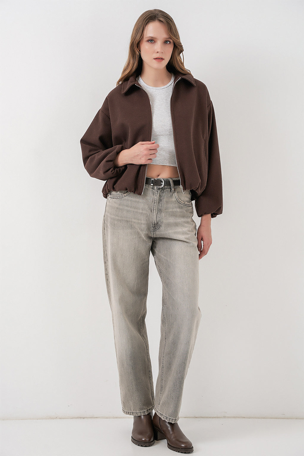 Kadın Büzgülü Oversize Kaşe Ceket 0728 - Kahverengi