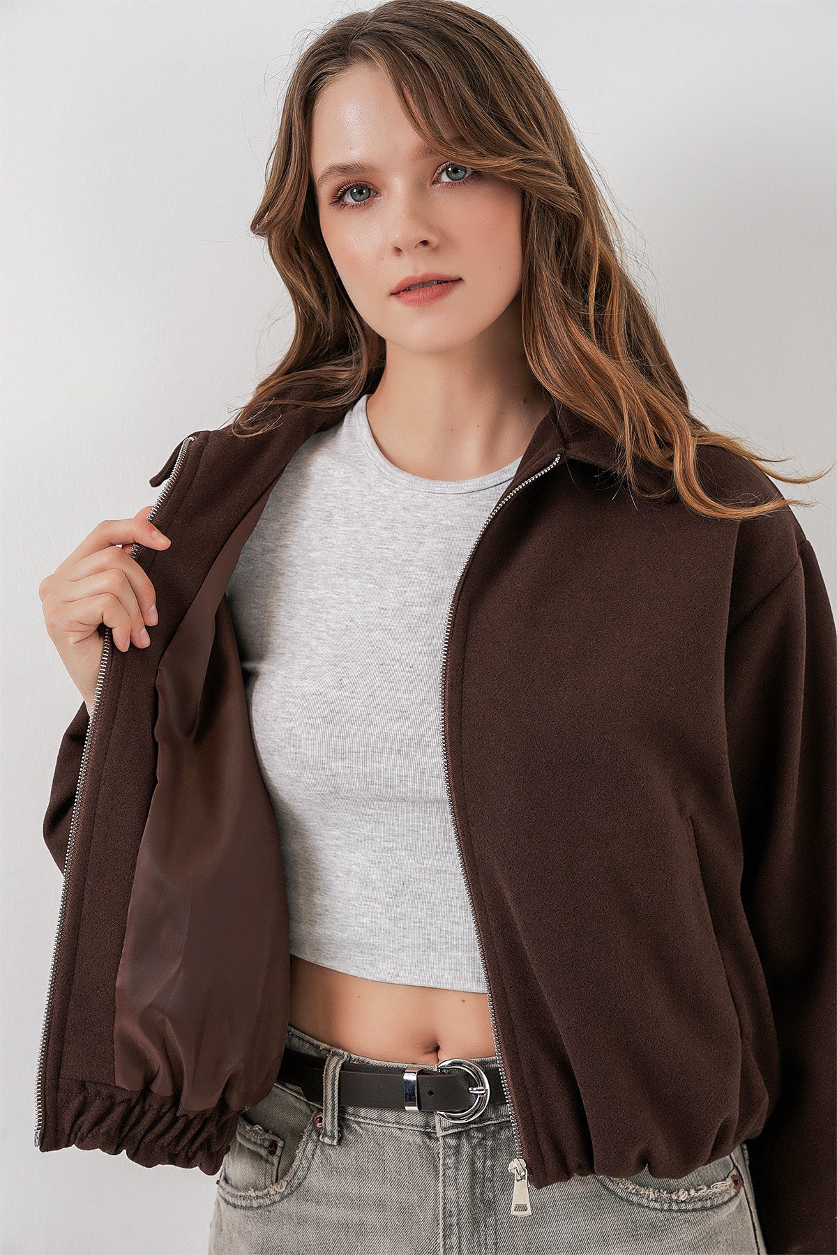 Kadın Büzgülü Oversize Kaşe Ceket 0728 - Kahverengi