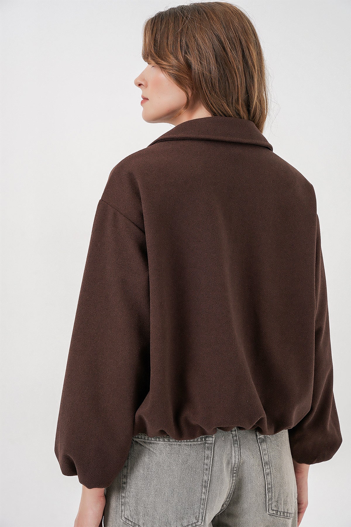 Kadın Büzgülü Oversize Kaşe Ceket 0728 - Kahverengi