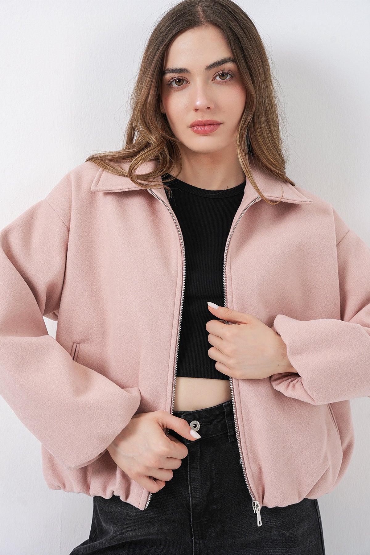 Kadın Büzgülü Oversize Kaşe Ceket 0728 - Pudra