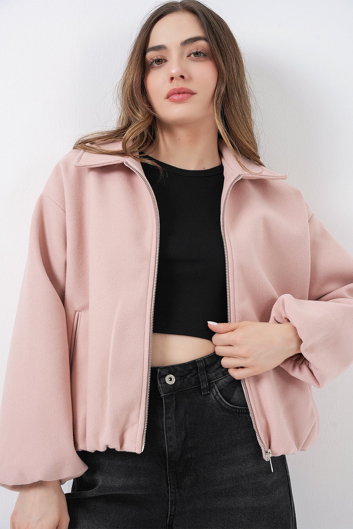 Kadın Büzgülü Oversize Kaşe Ceket 0728 - Pudra