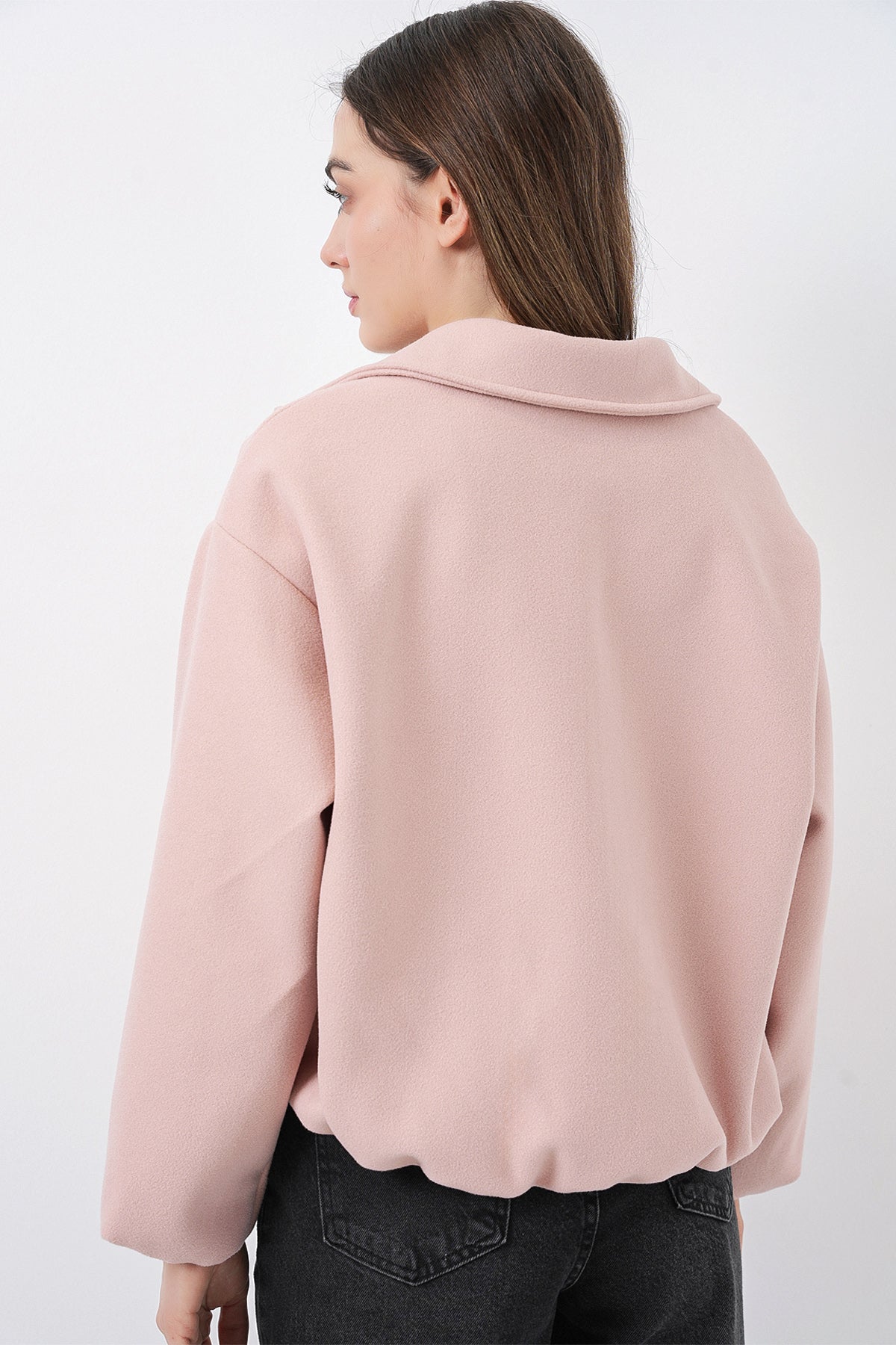 Kadın Büzgülü Oversize Kaşe Ceket 0728 - Pudra