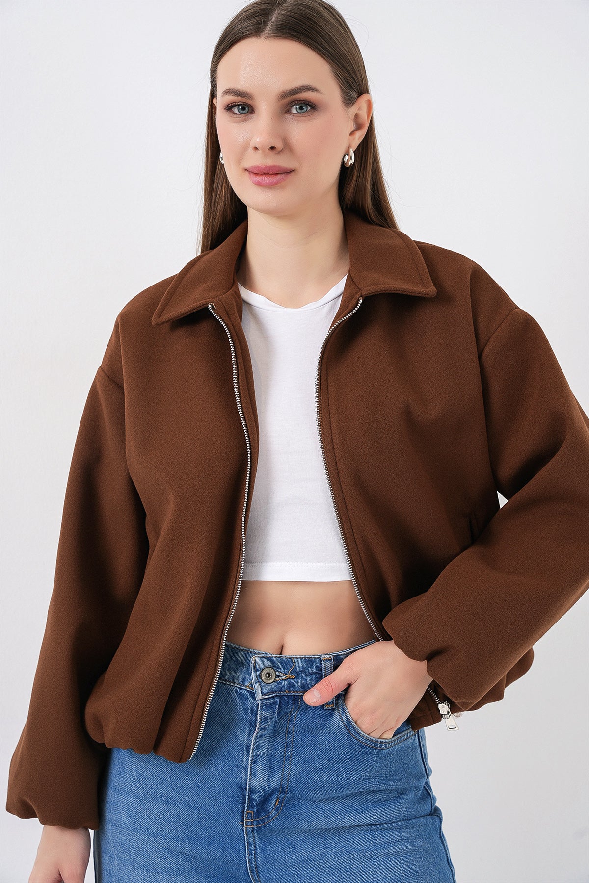 Kadın Büzgülü Oversize Kaşe Ceket 0728 - Sütlü Kahve