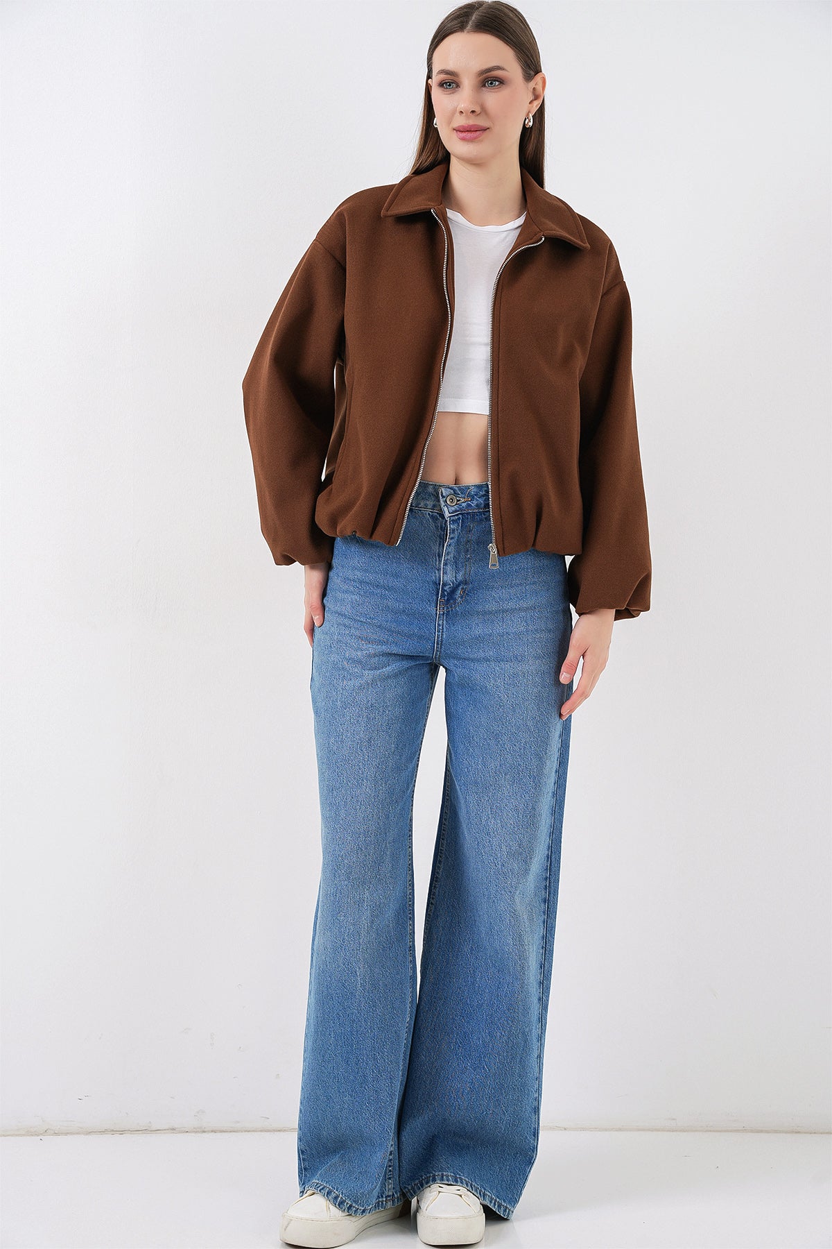 Kadın Büzgülü Oversize Kaşe Ceket 0728 - Sütlü Kahve