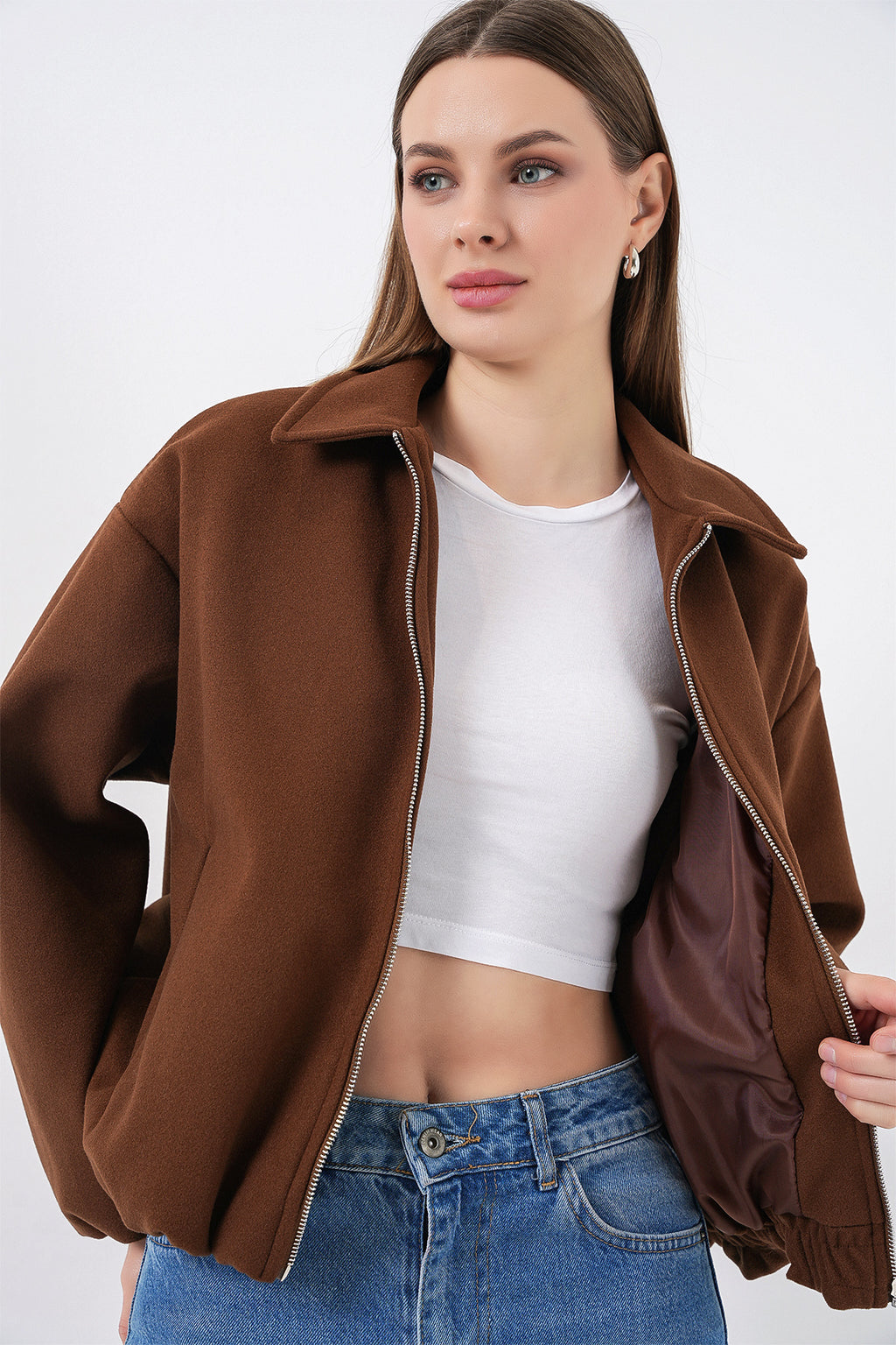 Kadın Büzgülü Oversize Kaşe Ceket 0728 - Sütlü Kahve