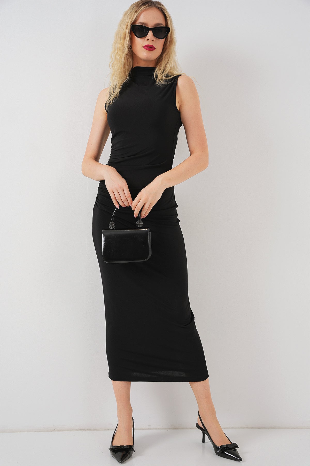 Kadın Büzgülü Sıfır Kol Drapeli Elbise 2579 - Siyah