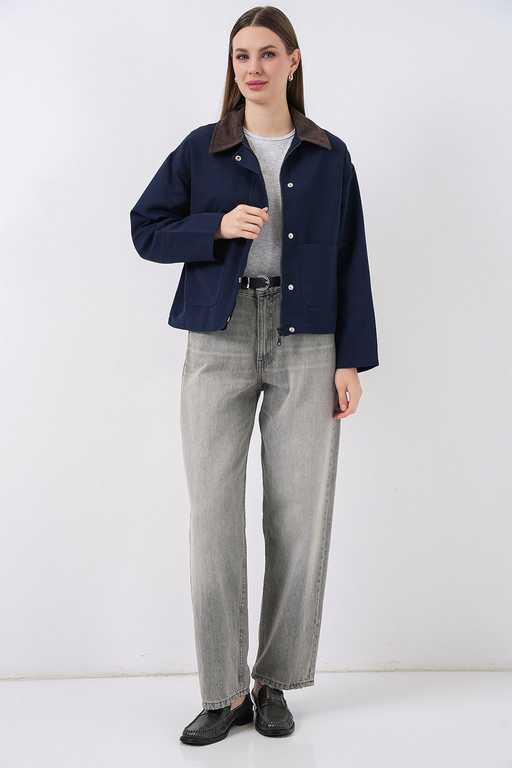 Kadın Cep Detaylı Kısa Ceket 5975 - Lacivert