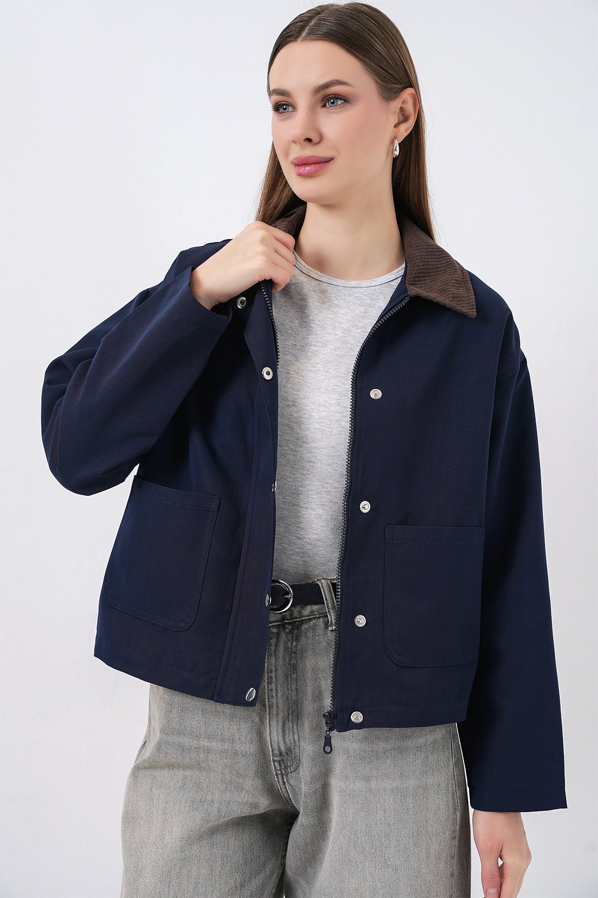 Kadın Cep Detaylı Kısa Ceket 5975 - Lacivert