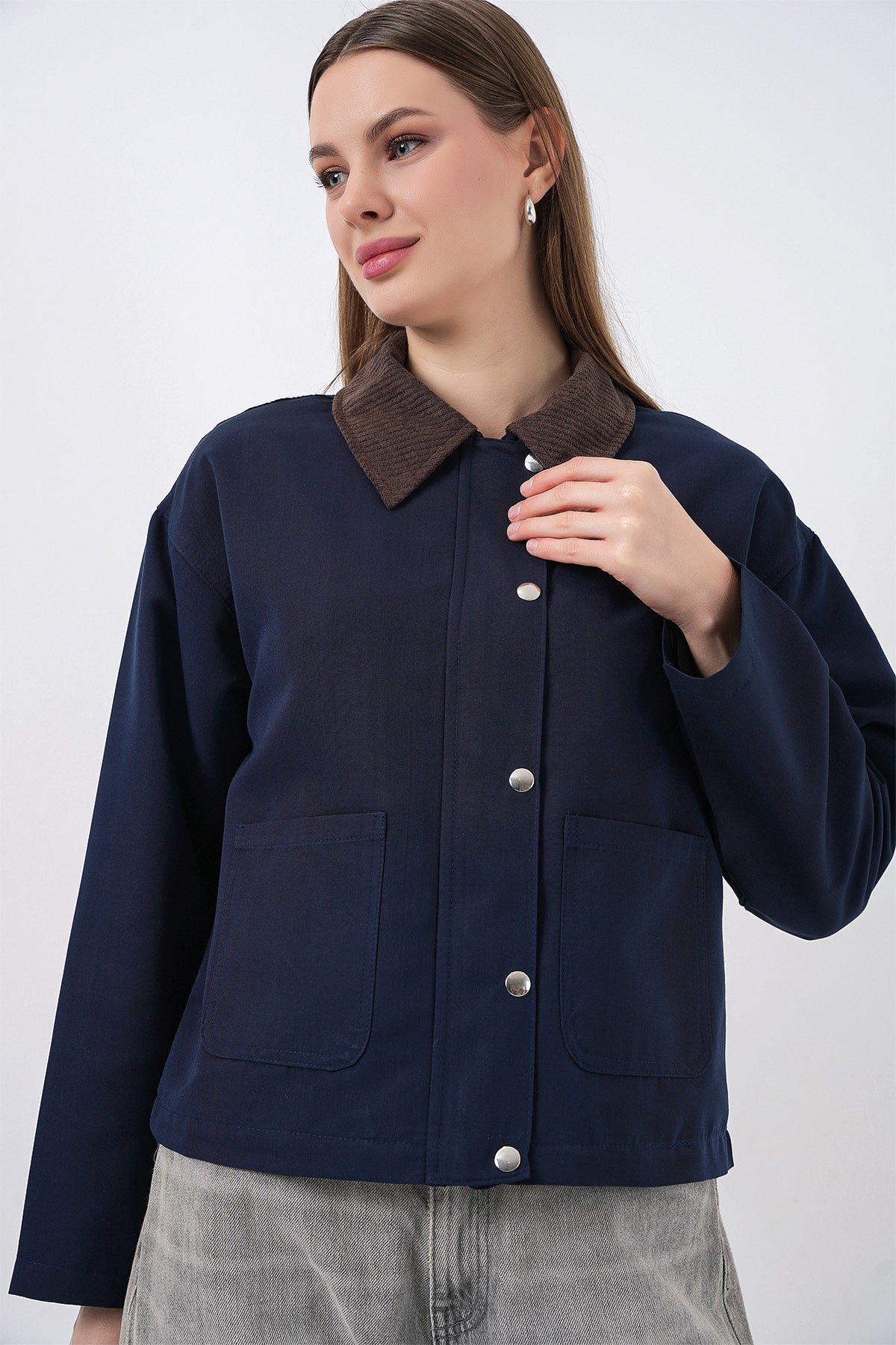 Kadın Cep Detaylı Kısa Ceket 5975 - Lacivert