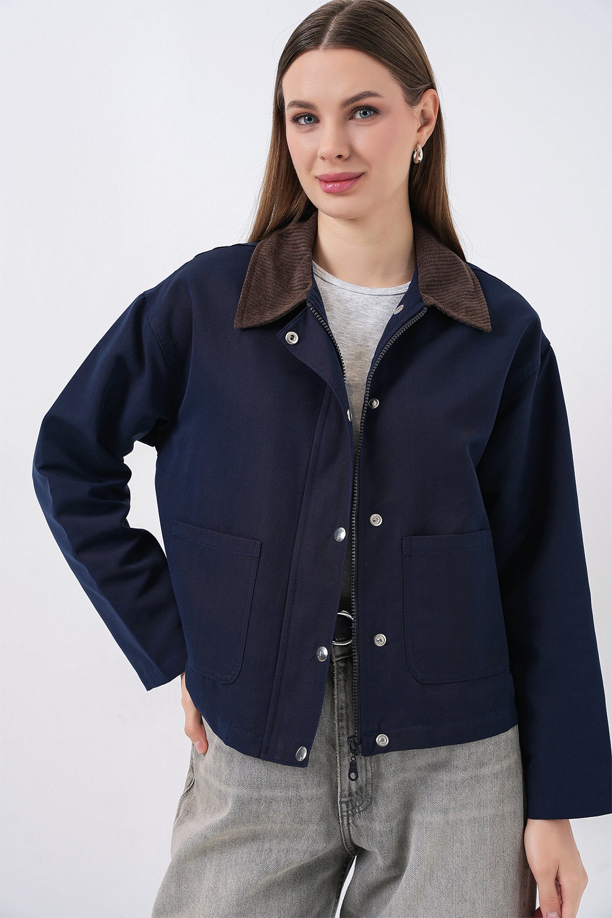 Kadın Cep Detaylı Kısa Ceket 5975 - Lacivert