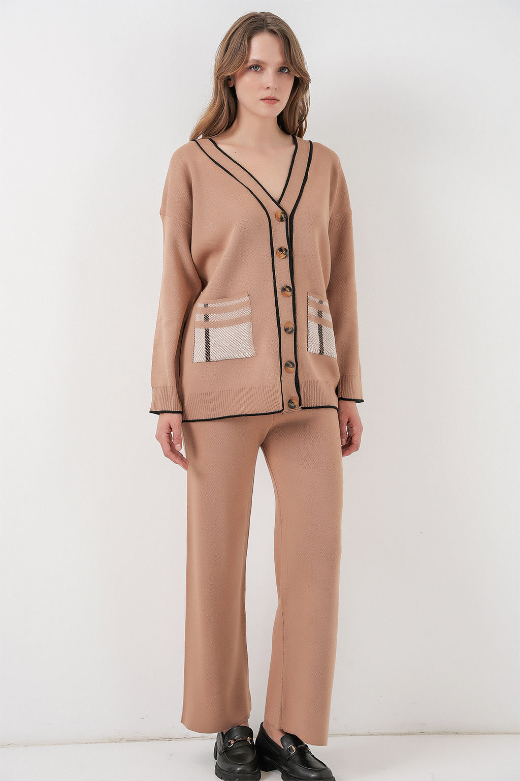 Kadın Cepli Hırka Triko İkili Takım 15964 - Camel