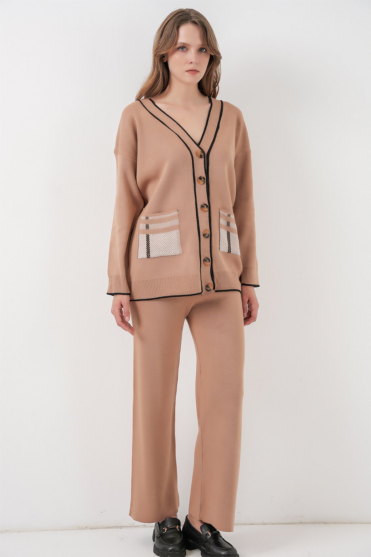 Kadın Cepli Hırka Triko İkili Takım 15964 - Camel