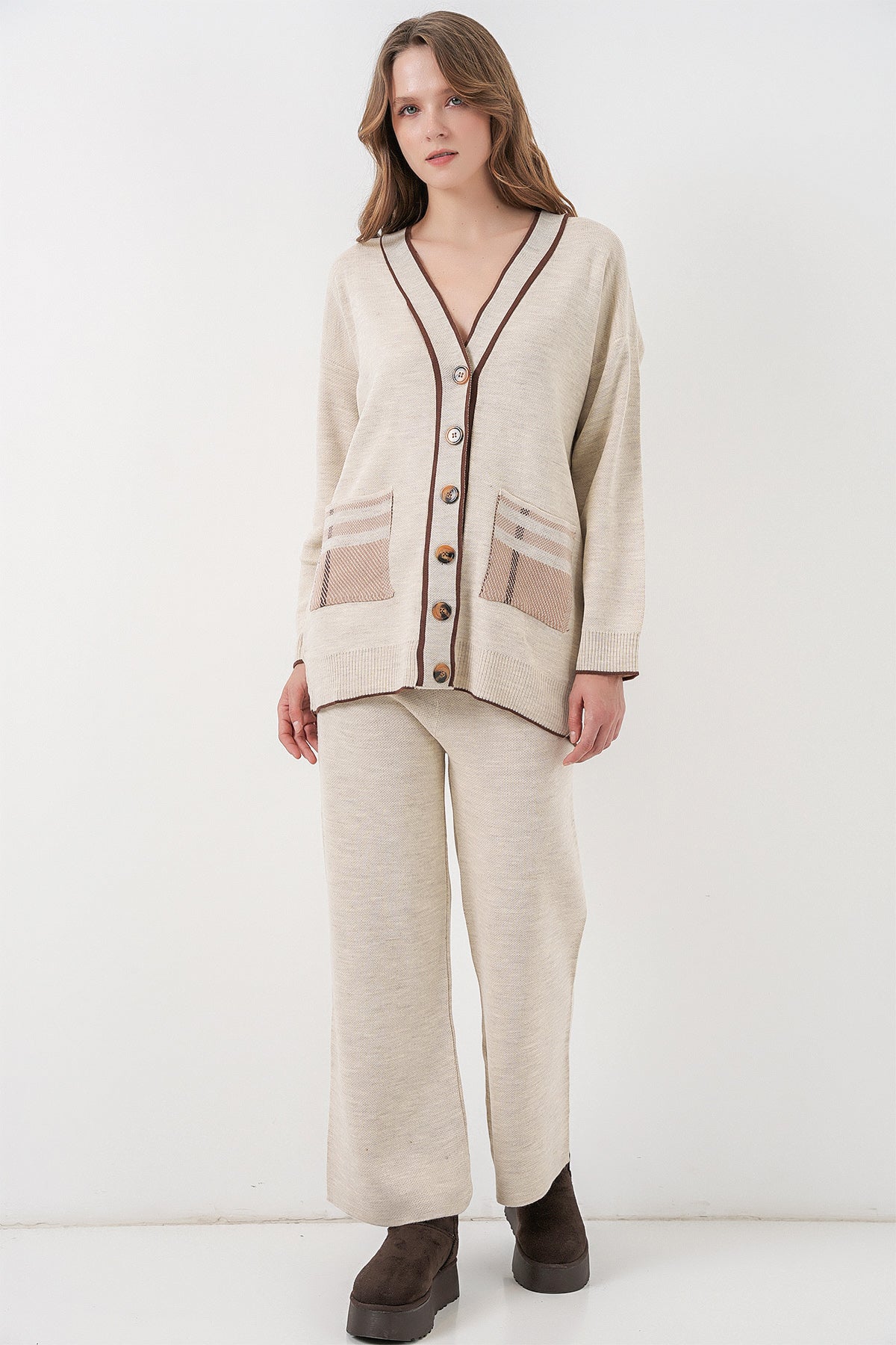 Kadın Cepli Hırka Triko İkili Takım 15964 - Ekru