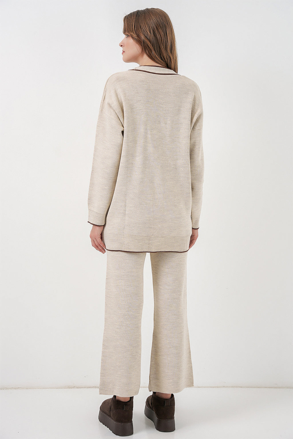 Kadın Cepli Hırka Triko İkili Takım 15964 - Ekru