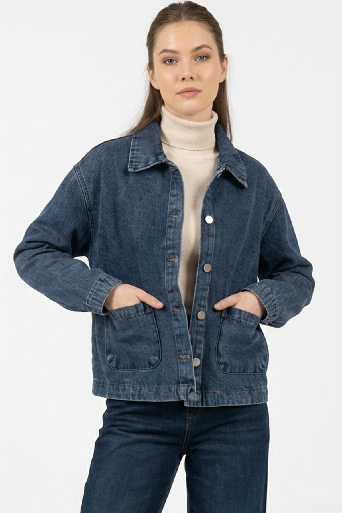 Kadın Çift Cepli Denim Ceket 0731 - Lacivert