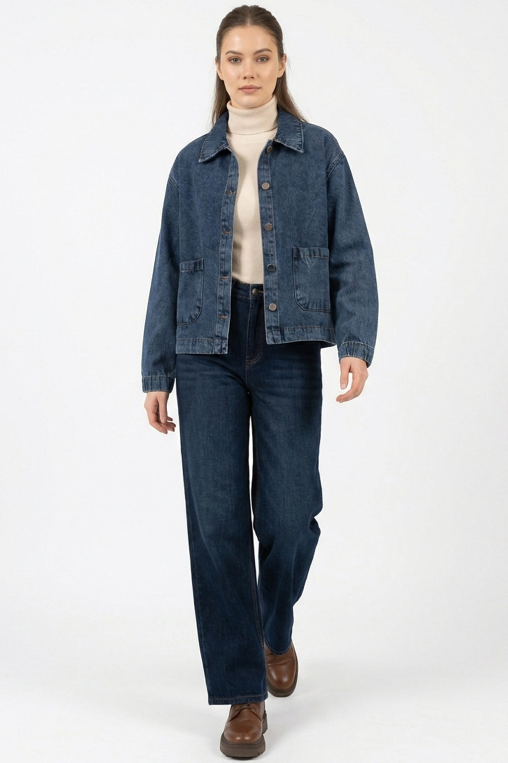 Kadın Çift Cepli Denim Ceket 0731 - Lacivert