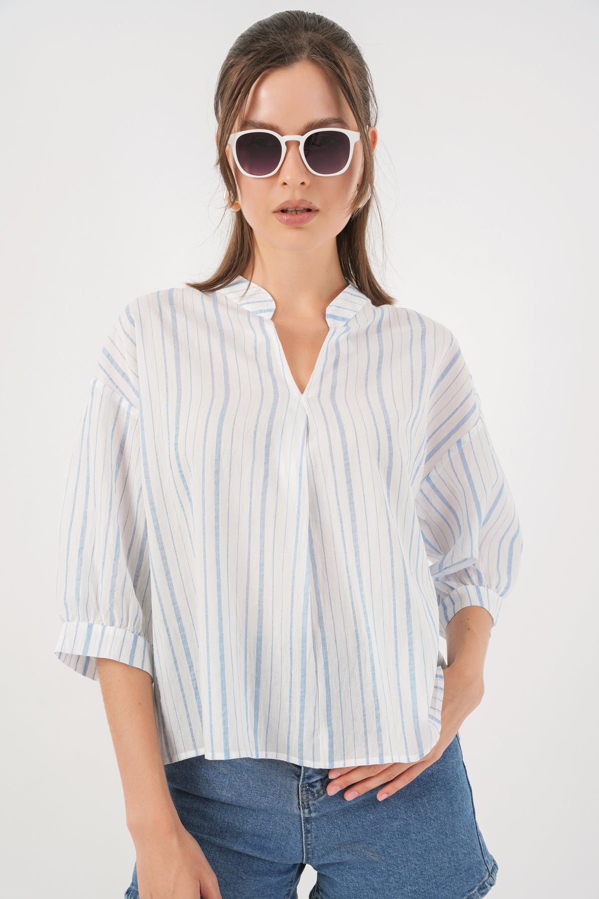 Kadın Çizgili Oversize Bluz 967 - A.Mavi