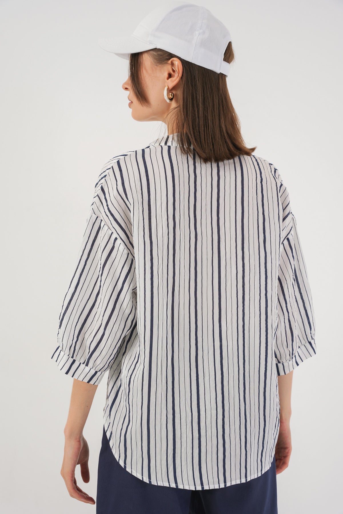 Kadın Çizgili Oversize Bluz 967 - F.Lacivert