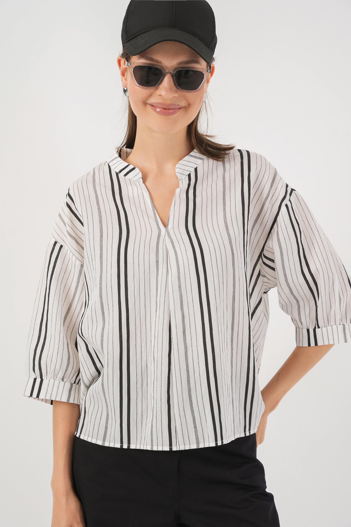 Kadın Çizgili Oversize Bluz 967 - Taş