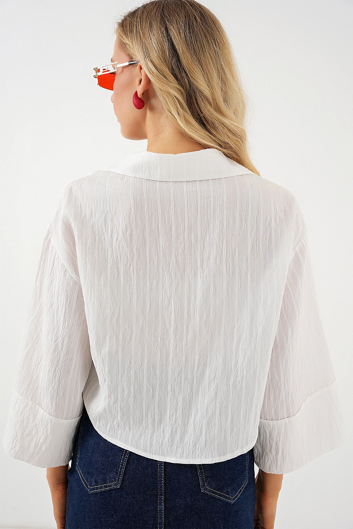 Kadın Çizgili Oversize Kısa Gömlek 20326 - Beyaz