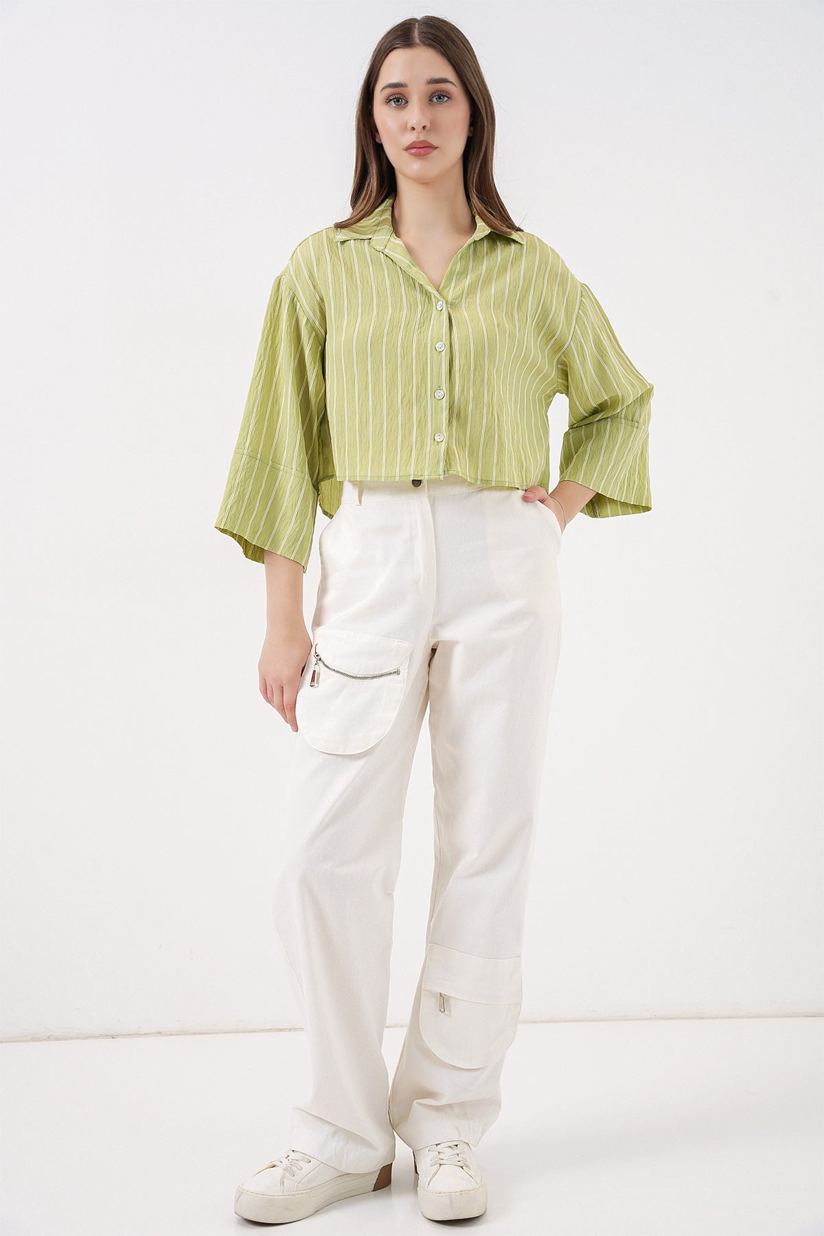 Kadın Çizgili Oversize Kısa Gömlek 20326 - E.Yeşil