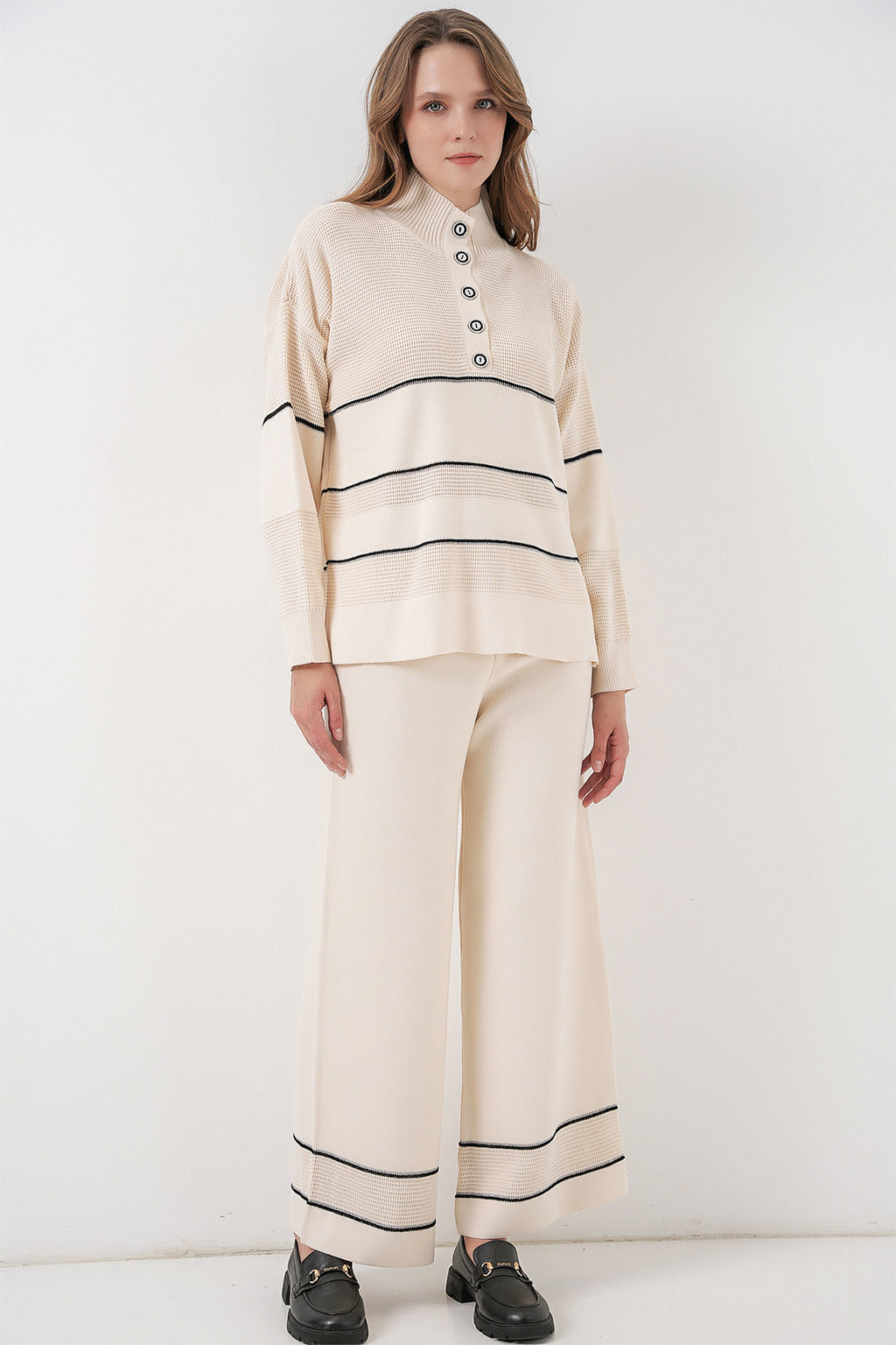 Kadın Çizgili Oversize Triko İkili Takım 15957 - Ekru