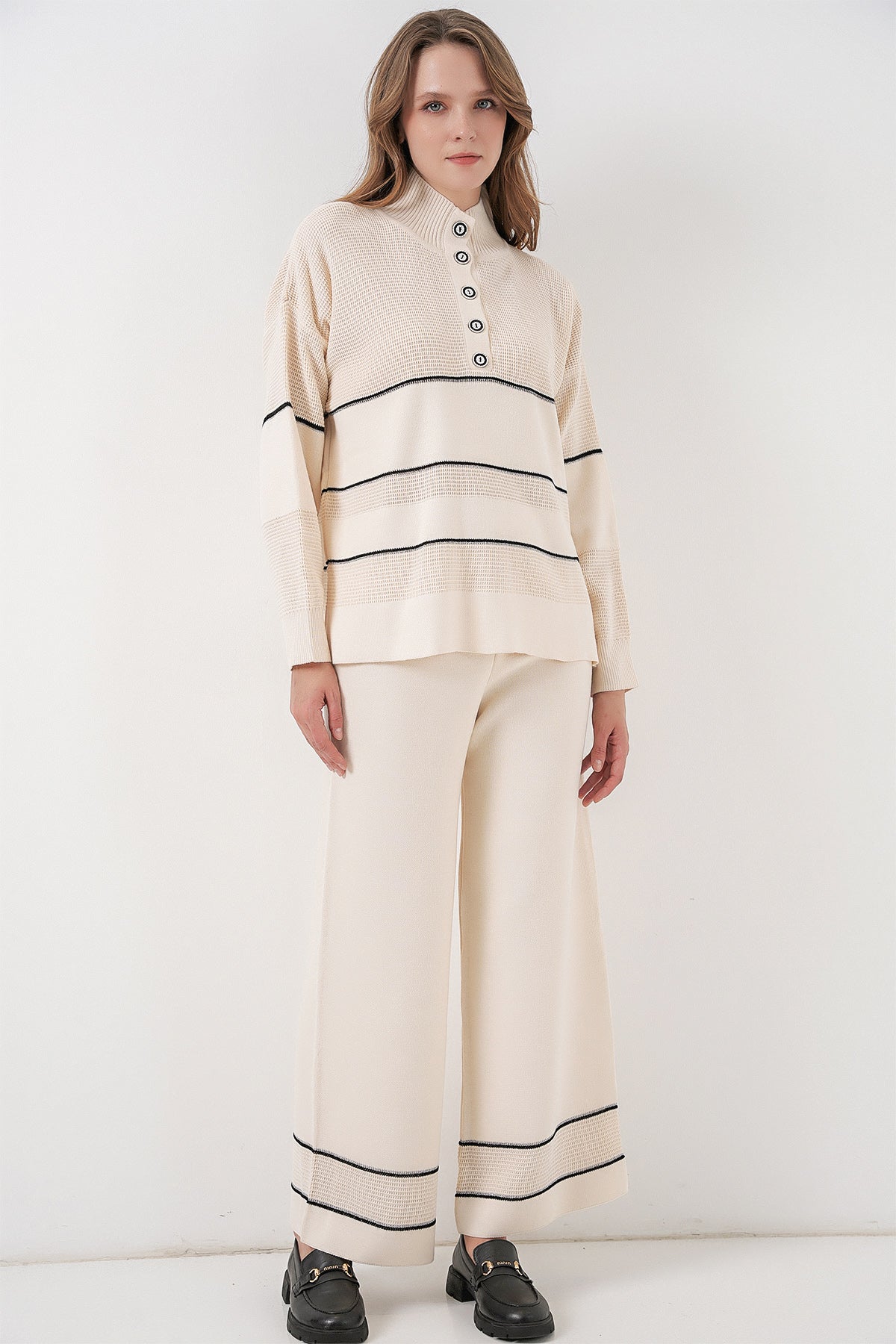 Kadın Çizgili Oversize Triko İkili Takım 15957 - Ekru