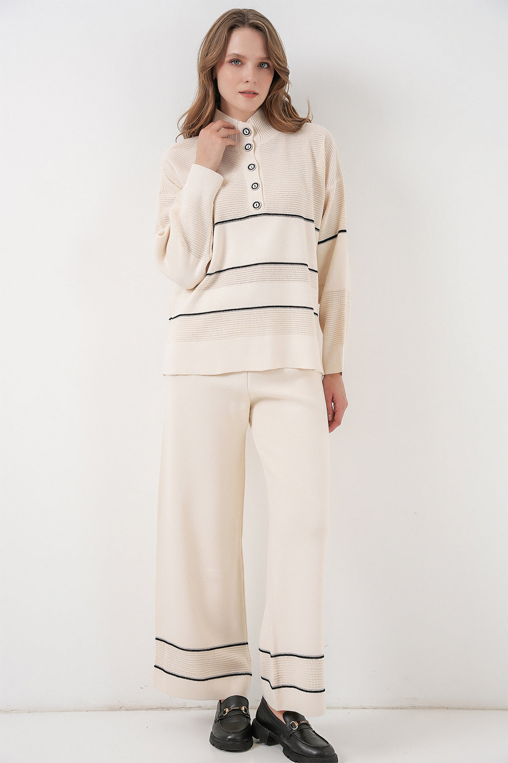 Kadın Çizgili Oversize Triko İkili Takım 15957 - Ekru