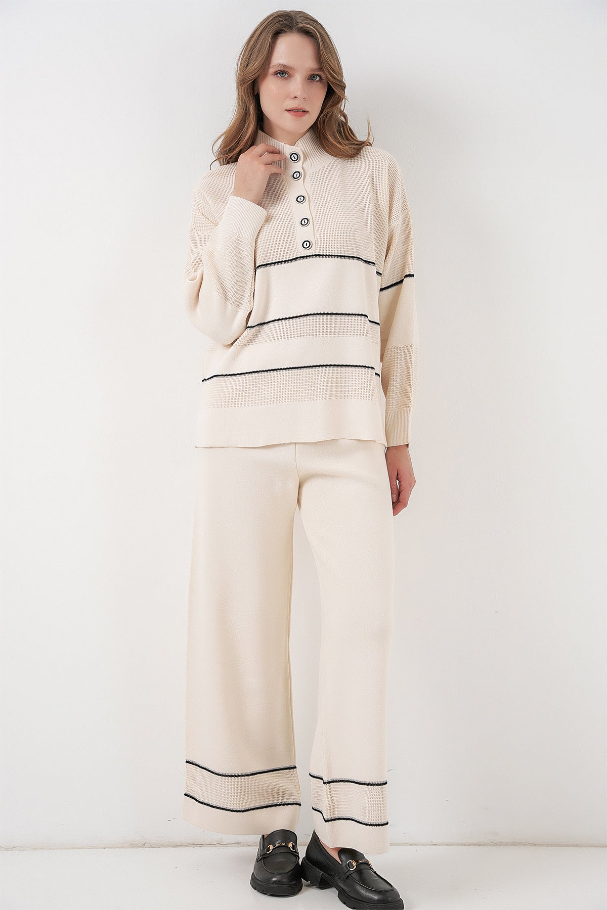 Kadın Çizgili Oversize Triko İkili Takım 15957 - Ekru