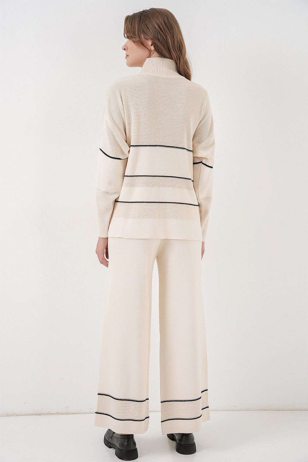 Kadın Çizgili Oversize Triko İkili Takım 15957 - Ekru