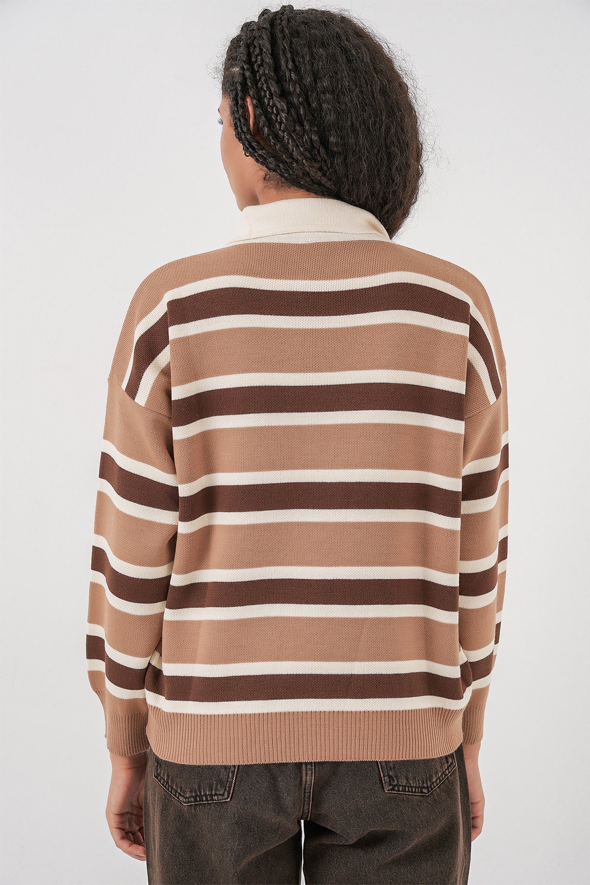 Kadın Çizgili Polo Yaka Triko Kazak 15952 - Vizon