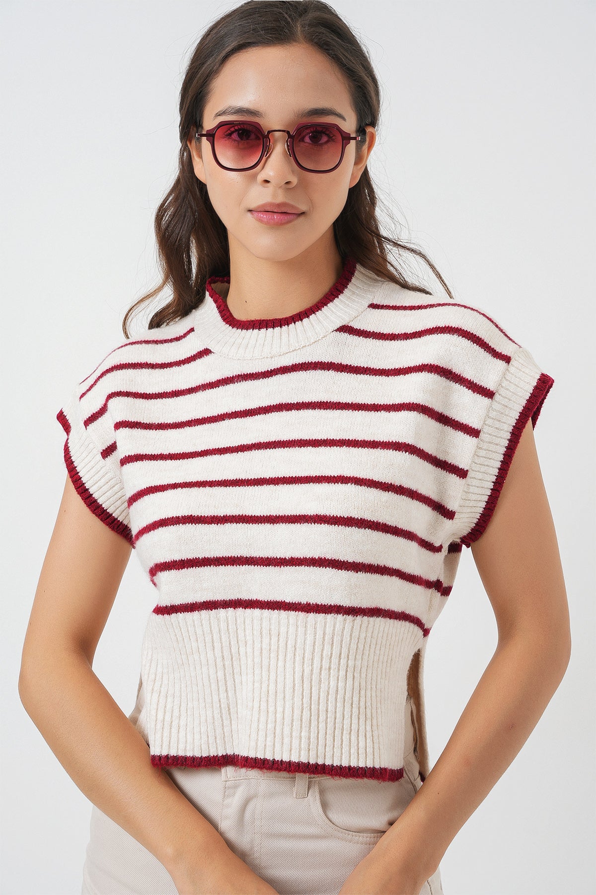 Kadın Çizgili Triko Süveter 15926 - Bordo