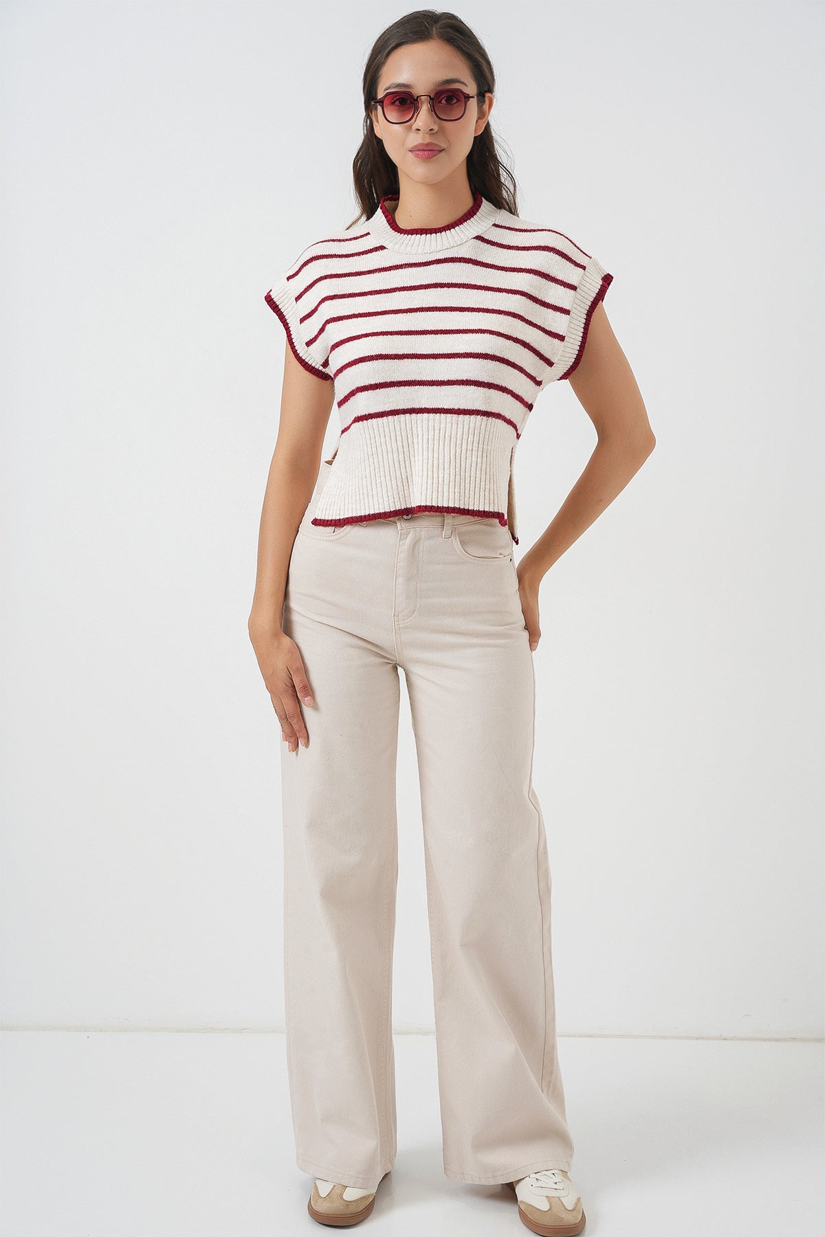 Kadın Çizgili Triko Süveter 15926 - Bordo