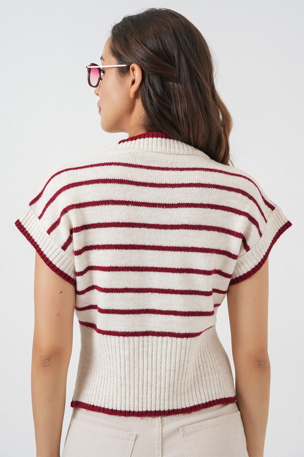 Kadın Çizgili Triko Süveter 15926 - Bordo