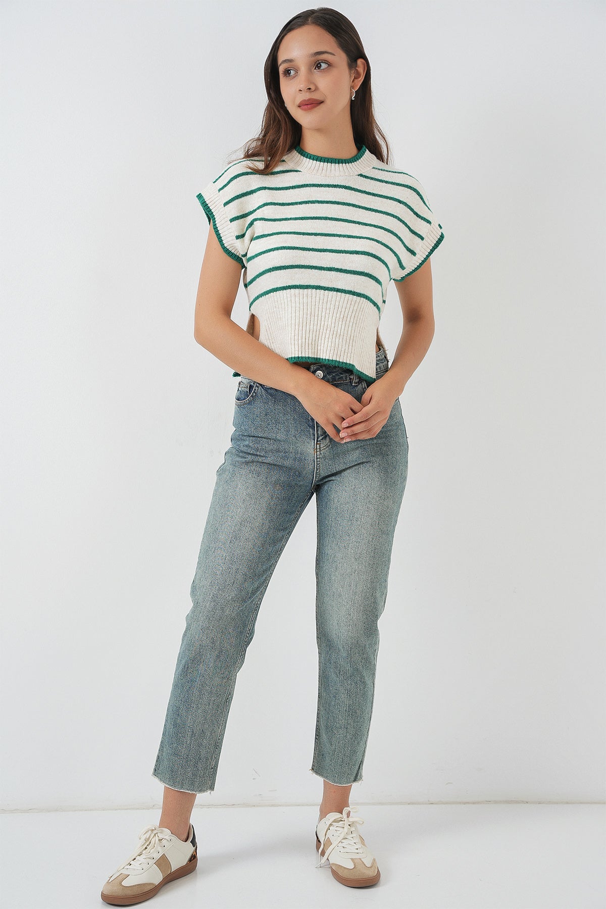 Kadın Çizgili Triko Süveter 15926 - Zümrüt Yeşili