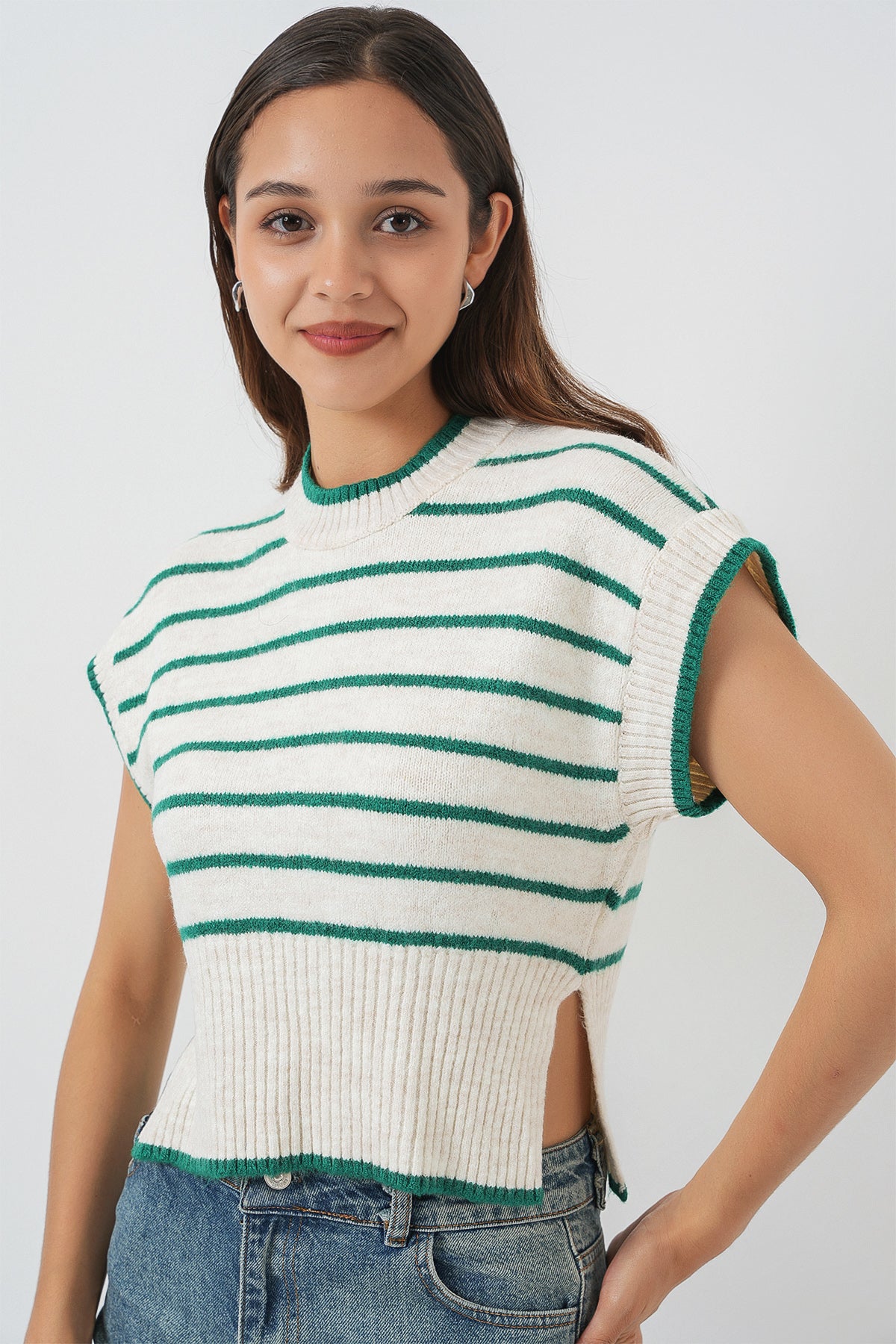 Kadın Çizgili Triko Süveter 15926 - Zümrüt Yeşili