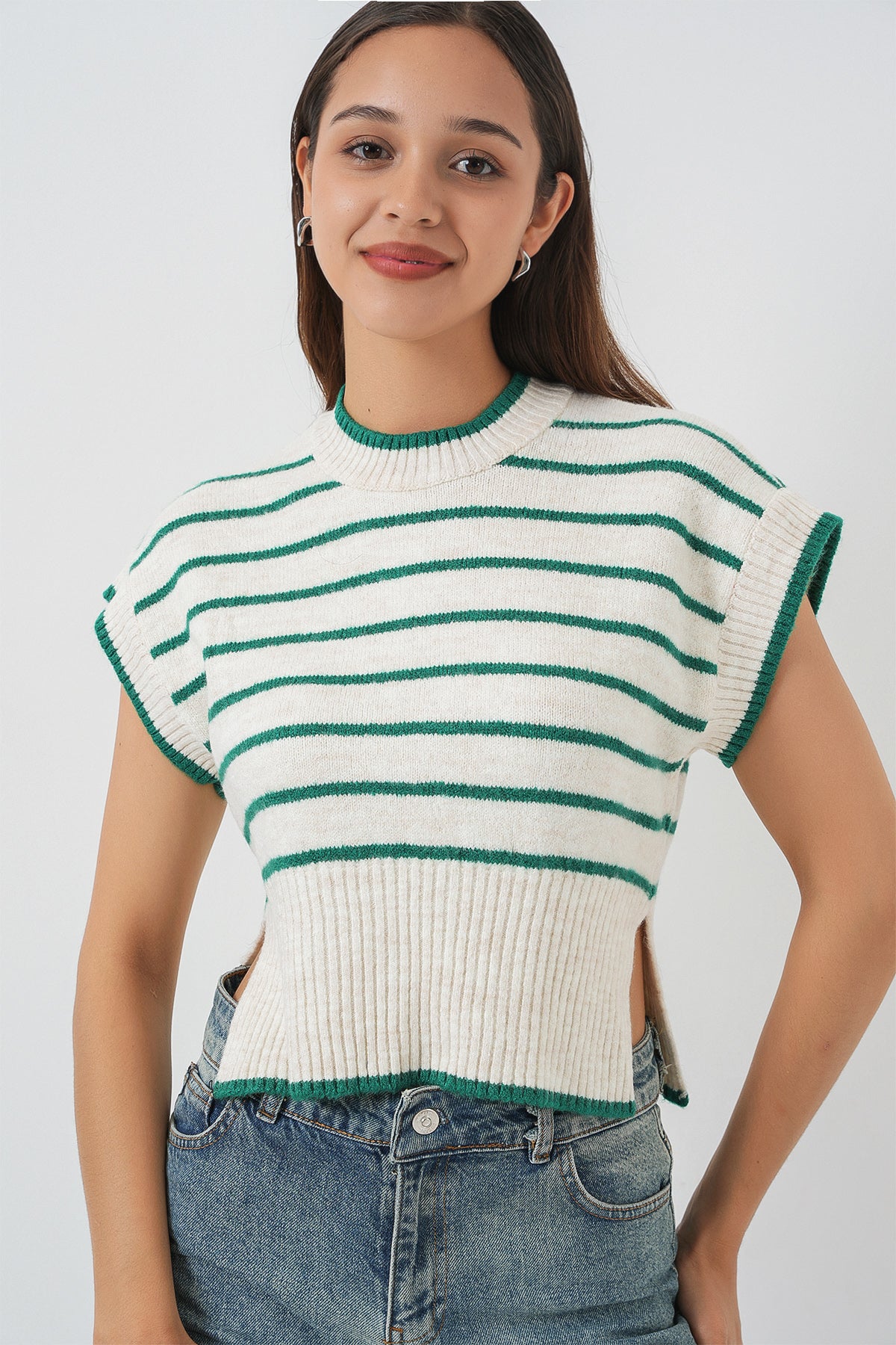 Kadın Çizgili Triko Süveter 15926 - Zümrüt Yeşili