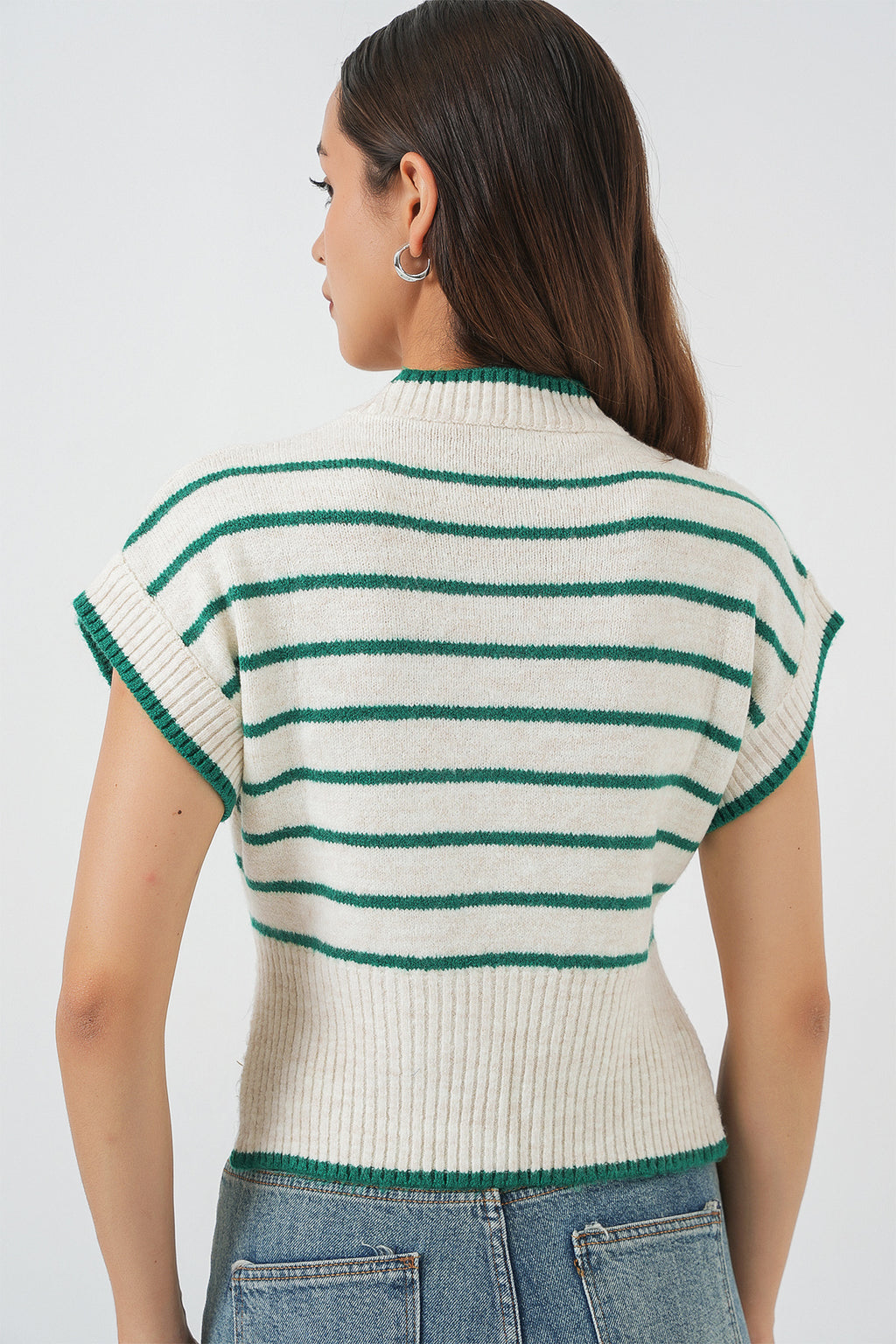 Kadın Çizgili Triko Süveter 15926 - Zümrüt Yeşili