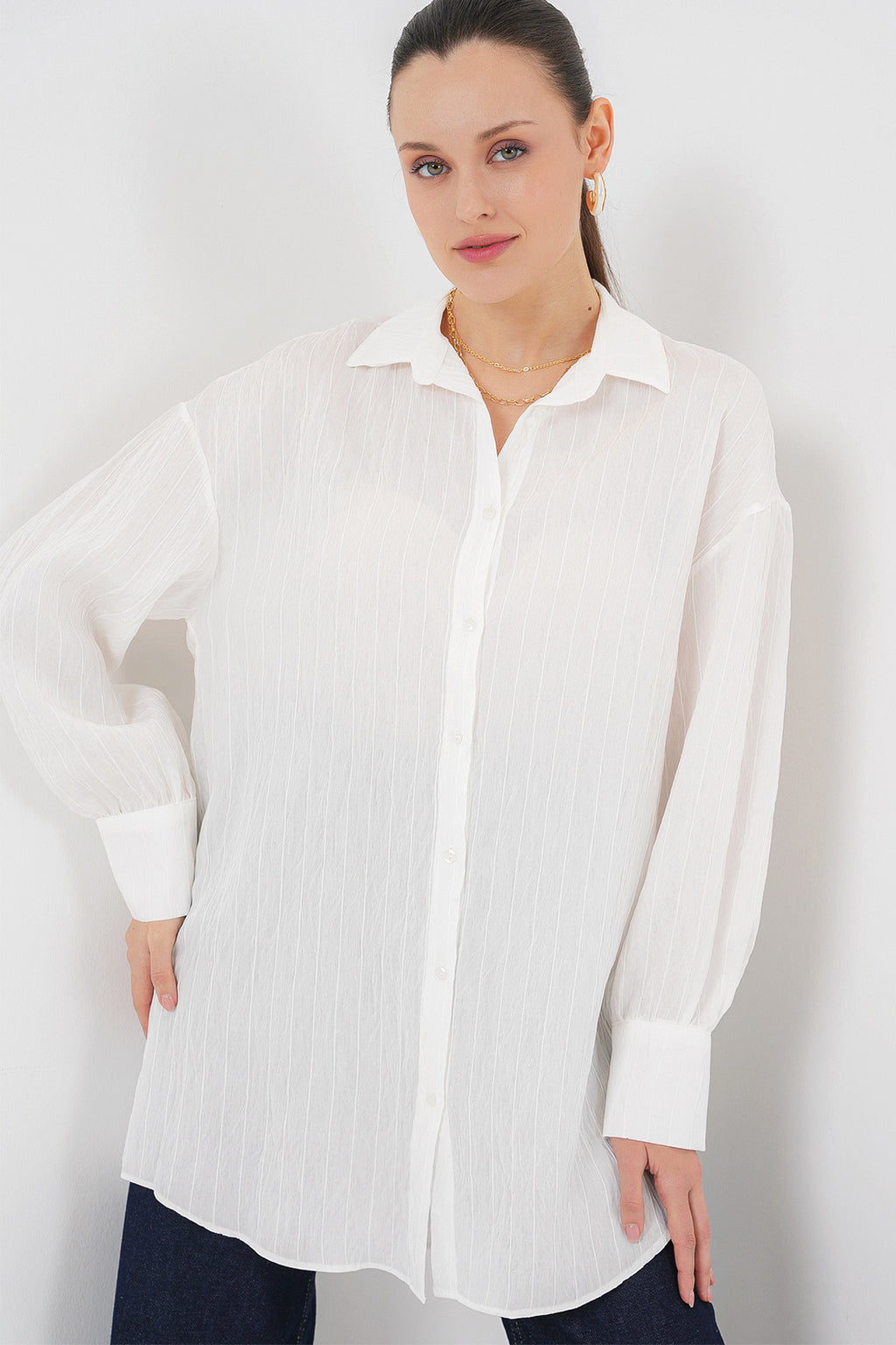 Kadın Çizgili Uzun Gömlek Tunik 5963 - Beyaz