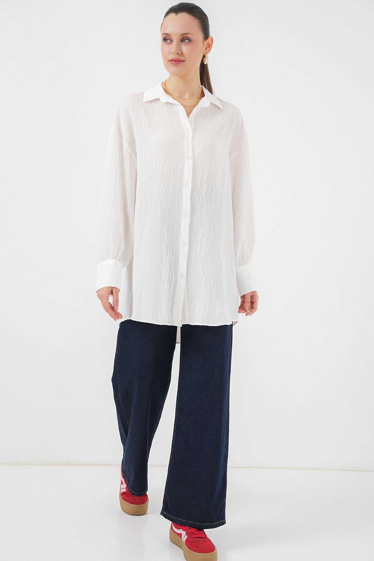 Kadın Çizgili Uzun Gömlek Tunik 5963 - Beyaz