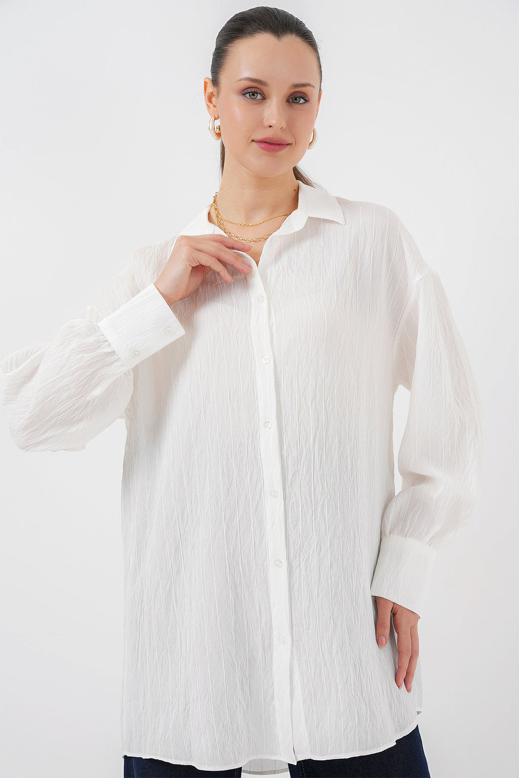 Kadın Çizgili Uzun Gömlek Tunik 5963 - Beyaz