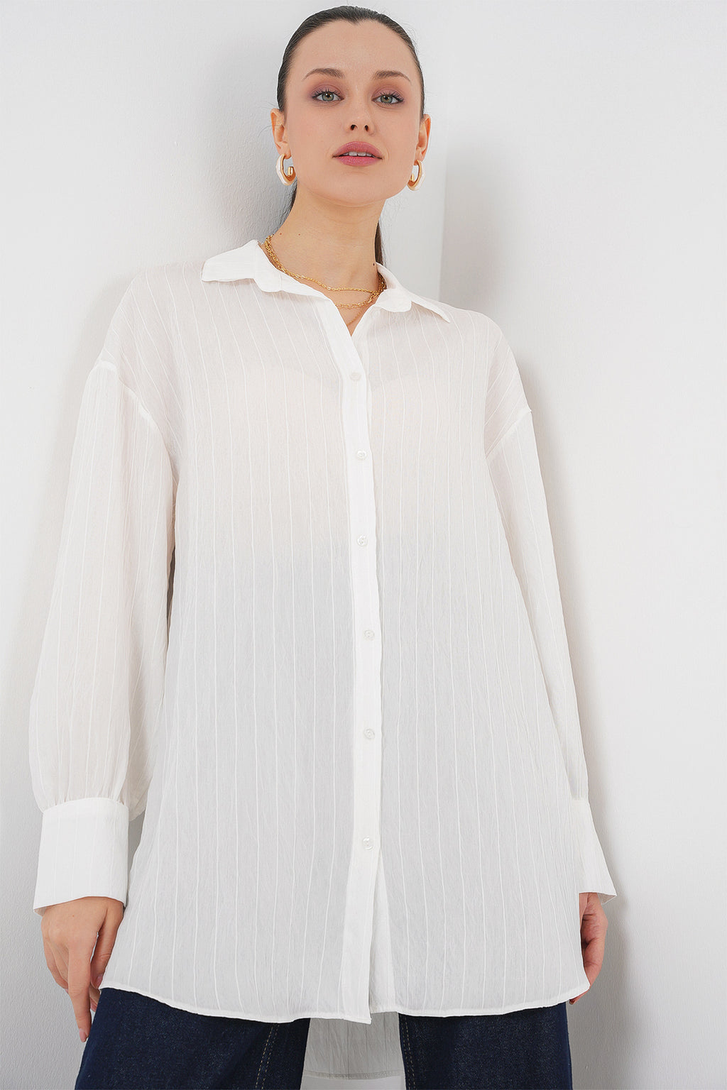 Kadın Çizgili Uzun Gömlek Tunik 5963 - Beyaz