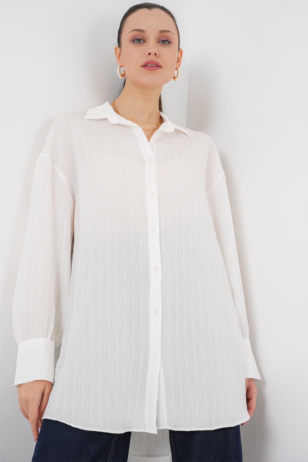 Kadın Çizgili Uzun Gömlek Tunik 5963 - Beyaz