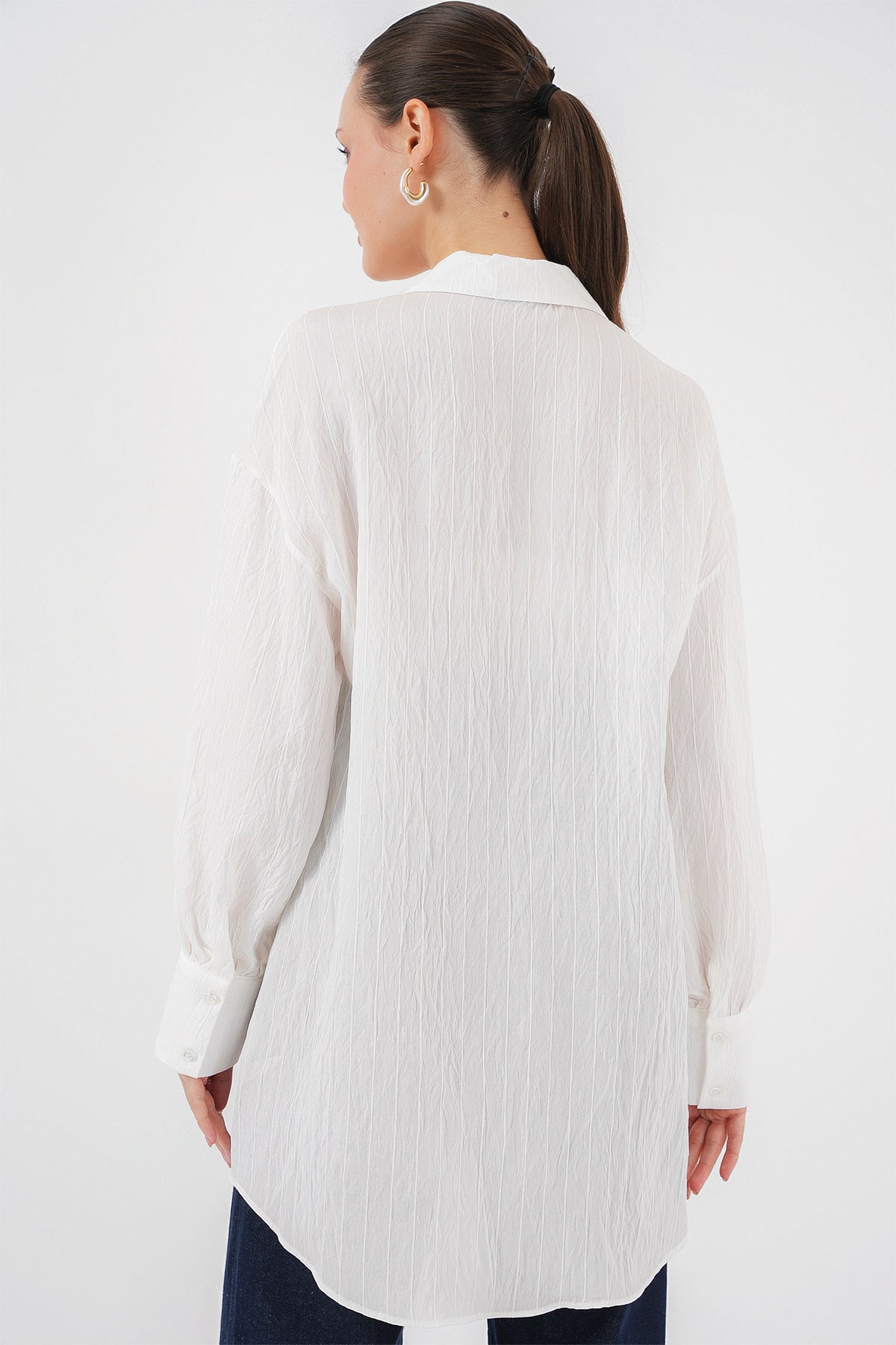 Kadın Çizgili Uzun Gömlek Tunik 5963 - Beyaz