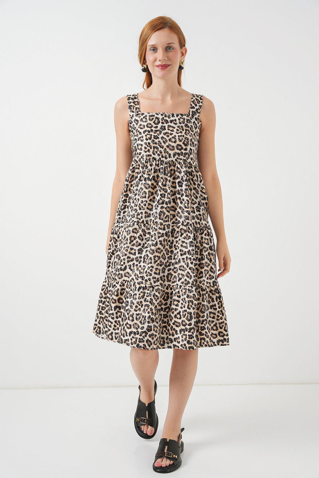 Kadın Desenli Askılı Midi Elbise 2577 - C. Kahverengi