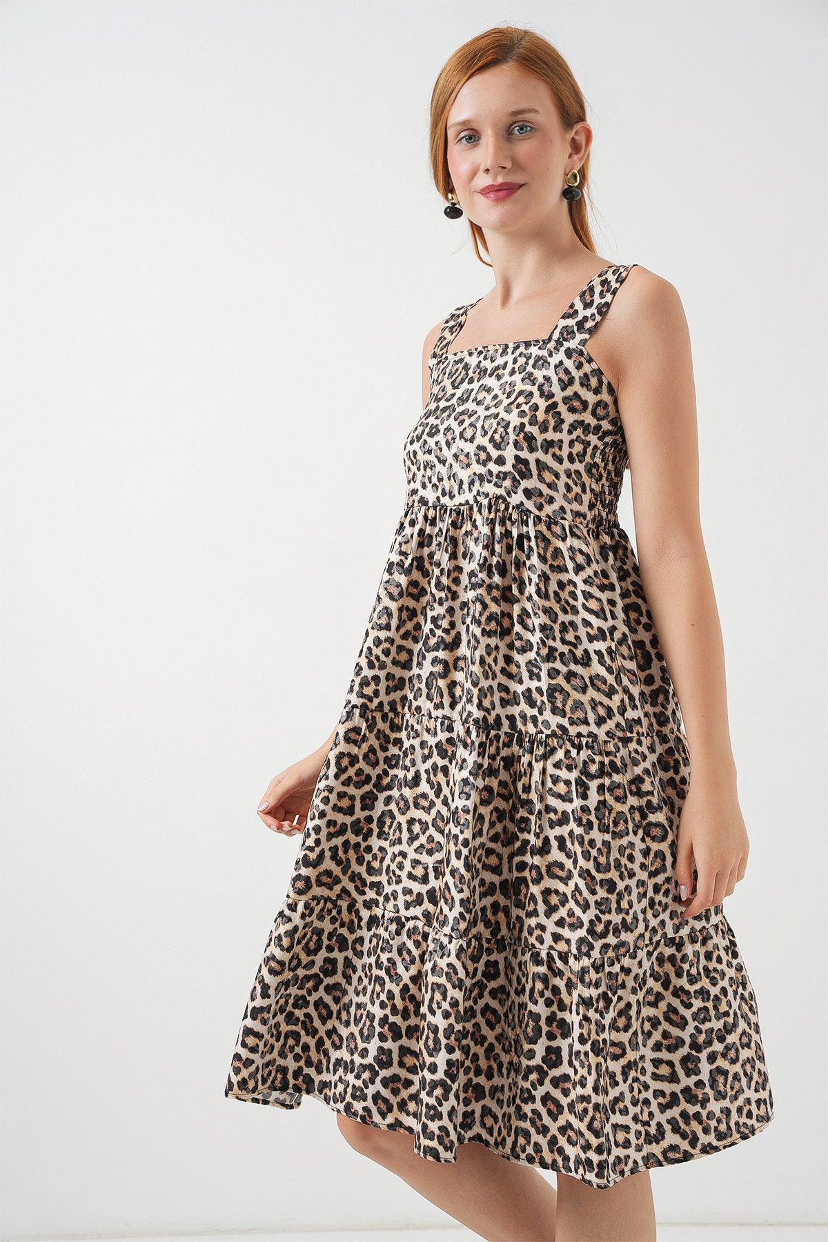 Kadın Desenli Askılı Midi Elbise 2577 - C. Kahverengi