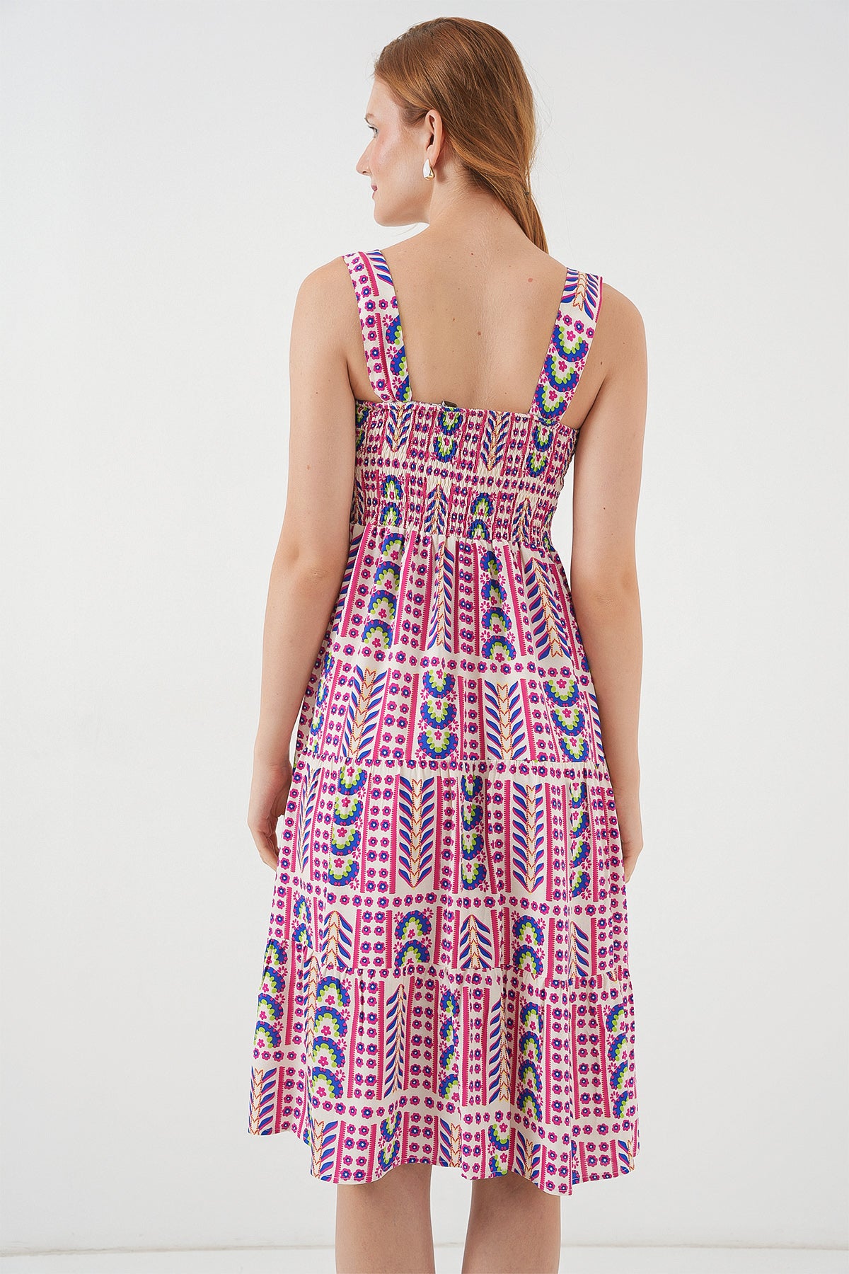 Kadın Desenli Askılı Midi Elbise 2577 - Fuşya