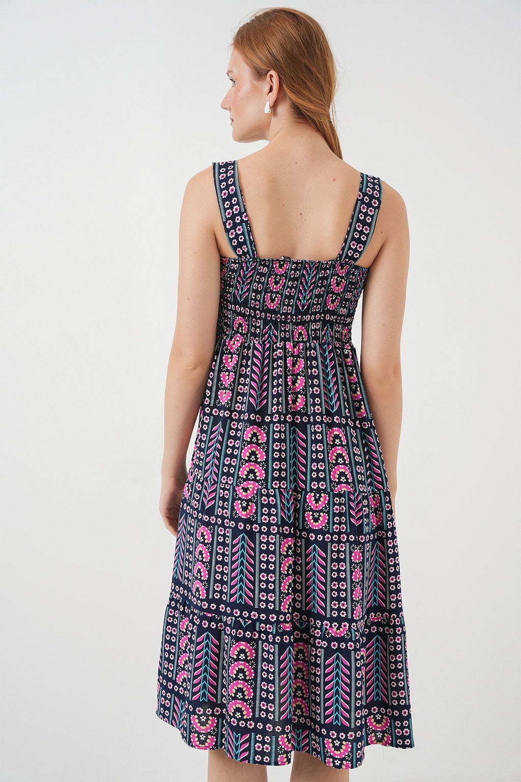 Kadın Desenli Askılı Midi Elbise 2577 - Lacivert