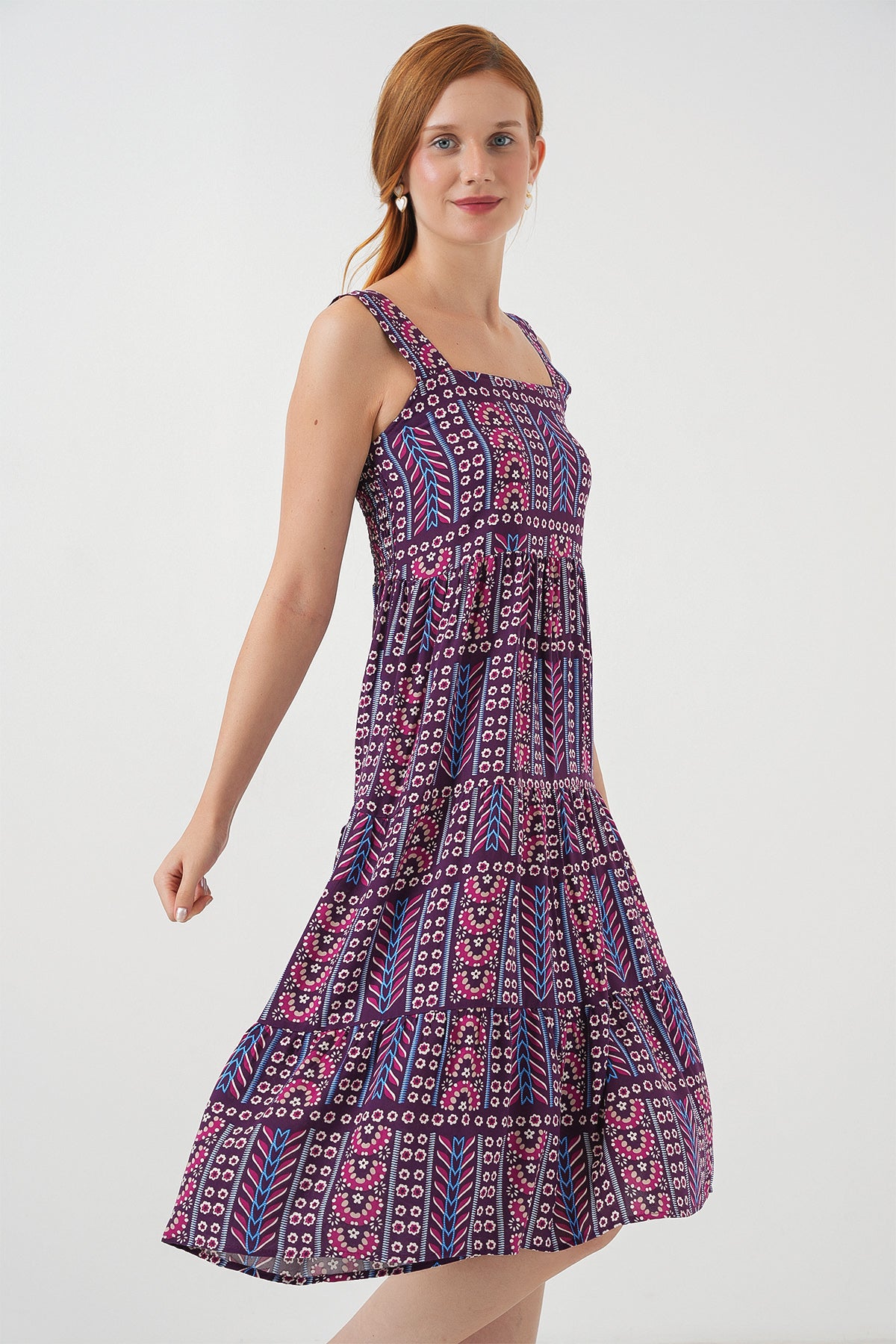 Kadın Desenli Askılı Midi Elbise 2577 - Mor