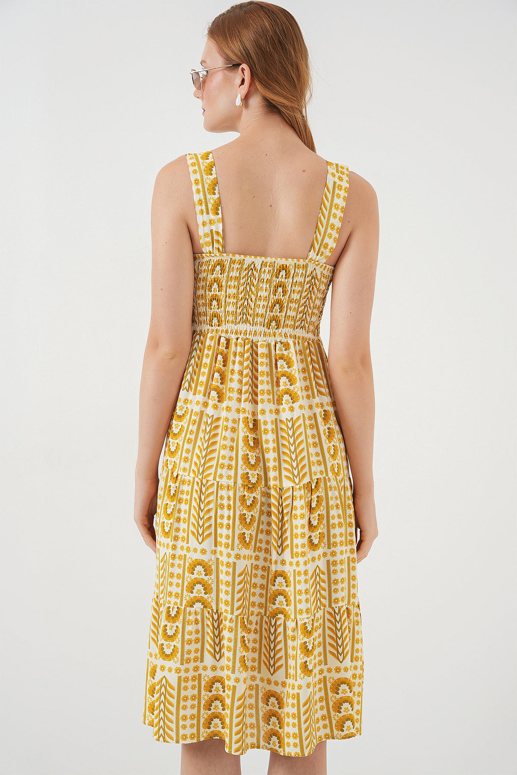 Kadın Desenli Askılı Midi Elbise 2577 - Sarı